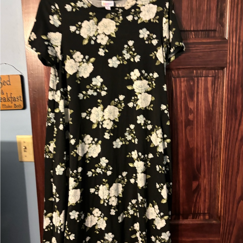 LuLaRoe Black Carly Dress with White and Green Floral Design